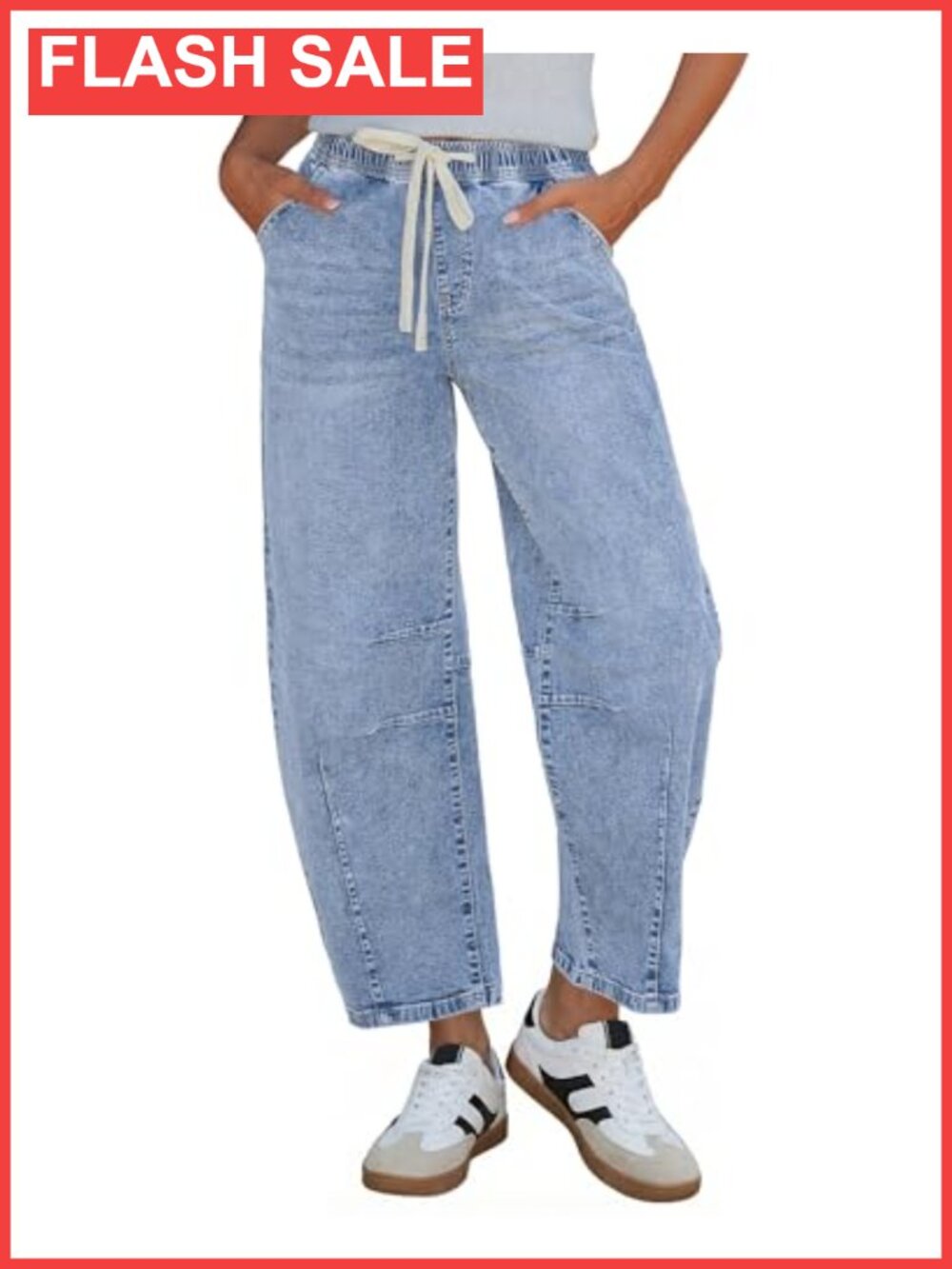 High Rise Pull On Elastic Waist Crop Barrel Jeans Stretchy Denim Pants